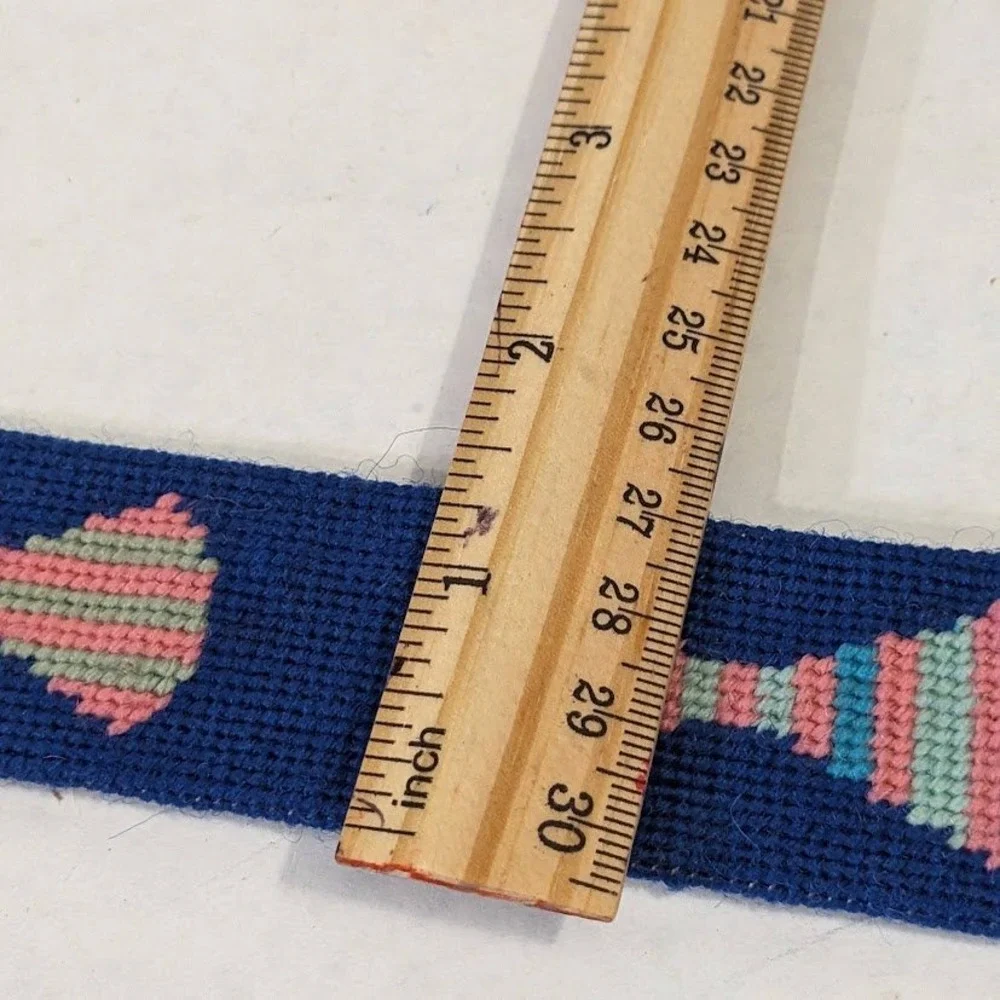 By Paige Mens Needlepoint Bow Tie Belt Blue Leather Brass Buckle Size 38 Preppy